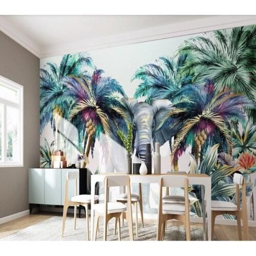 Forest animal tropical plant elephant coconut tree 3d wallpaper papel de parede living room tv wall kids' bedroom cartoon mural
