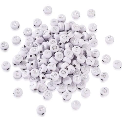 Plating Acrylic Beads, for Name Bracelets & Jewelry Making, Metal Enlaced, Letter Style, Flat Round, Silver Plated