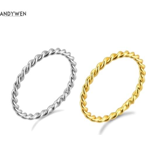 ANDYWEN 925 Sterling Silver Gold Twist Slim Rings Women Small Round Circle Ring Jewelry Luxury Rock Punk Jewelry For Women