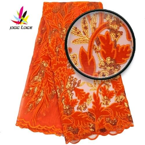 Velvet Net Lace Fabric Orange Color Sequins French African Nigerian Latest Design High Quality Tulle 2020 For Wedding Dress