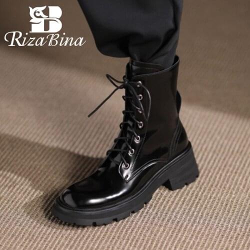 RIZABINA Size 33-40 Real Leather Fashion Women Ankle Boots Round Toe Square Heel Zipper Cross Strap Fashion Ladies Footwear