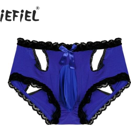 Men Lace Trim Bulge Pouch Briefs Elastic Waistband Low Waist Leotard Underpants Hollow Out Sissy Underwear for Lingerie Party