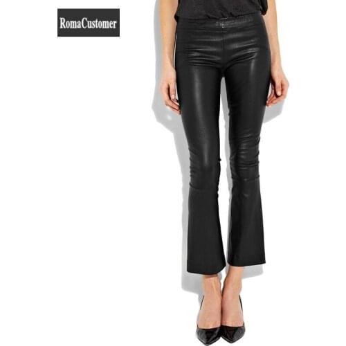 Elegant Womens Skinny Stretch Solid Genuine Leather Casual Ankle Length Pants Office Lady Fashion Sheepskin Black Flare Pants