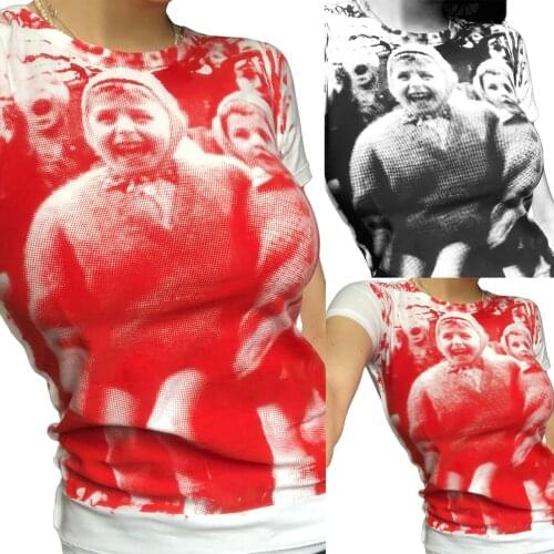 Womens Portrait Print T-Shirt, Summer Trendy Short Sleeve Round Neck Slim Fitted Tops New Fashion 2021