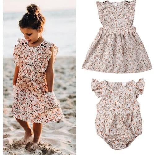 Newborn Baby Girl Sister Matching Floral Clothes Ruffles Sleeve Flowers Print 2-8Y Cute Dress Or 0-24M Romper