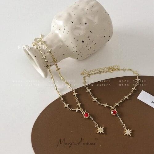 Korean Fashion Jewelry Set Star Pendants 14k Real Gold Plating Necklace Bracelet Set Vintage Retro Style