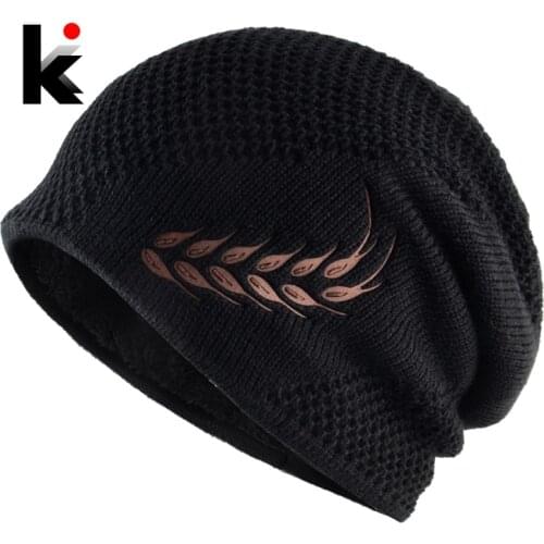 Mens Knitted Beanies Winter Warm Knitting Hat With Wheat Ears Pattern Hip Hop Skullies Beanies Men Solid Color Knit Hats Gorras