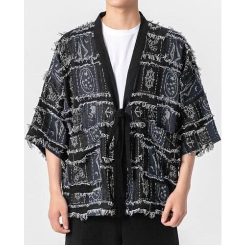 #4334 Summer Kimono Outerwear Coat Men Thin Tassel Hip Hop Cotton Linen Coat Loose Vintage Cardigan Kimono Jacket Plus Size 5XL