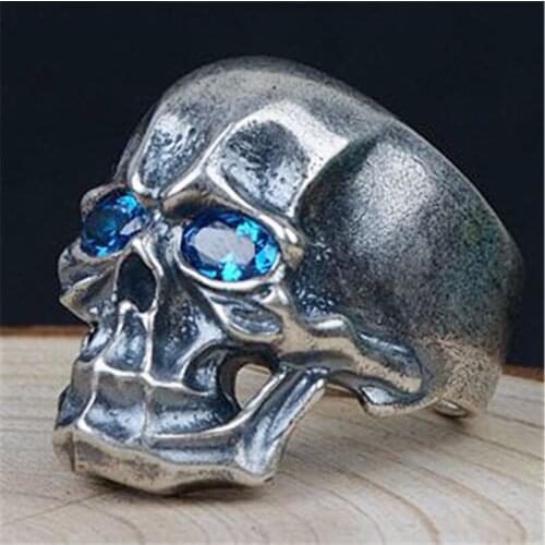 High Quality 925 Sterling Silver Men Skeleton Rings Punk Vintage Open Skull Ring with Blue Zircon for Male Men Fine Jewelry Gift