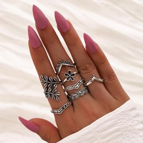 Boho Vintage Silver Color Flower Midi Moon Rings Set For Women Weave Knuckle Joint Finger Ring 2020 Female Bohemian Jewelry Gift