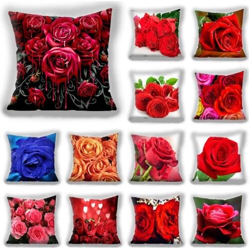 Red flower cushion cover Polyester Throw Pillow Case Super Soft Short Plush Cushion Cover Festive Home Decorative Cushions
