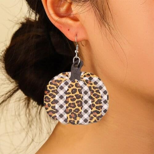 2021 New Halloween Creative Two-color Pumpkin Pu Earrings Plaid Leopard Pattern Leather Earrings Wholesale