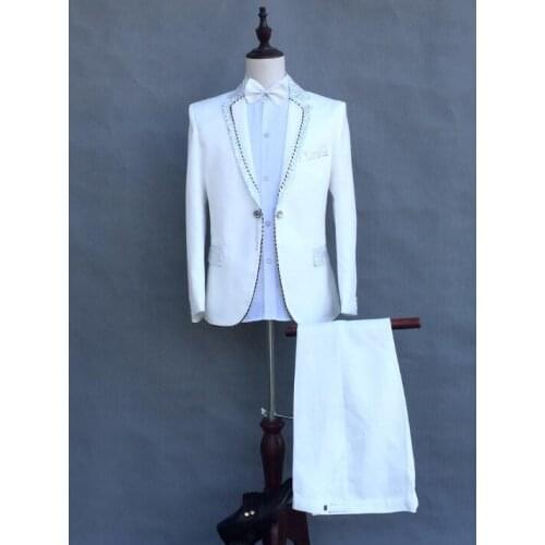 2020 new arrival collar sequins slim men suit set with pants mens wedding suits white black formal dress mens groom suit + pant