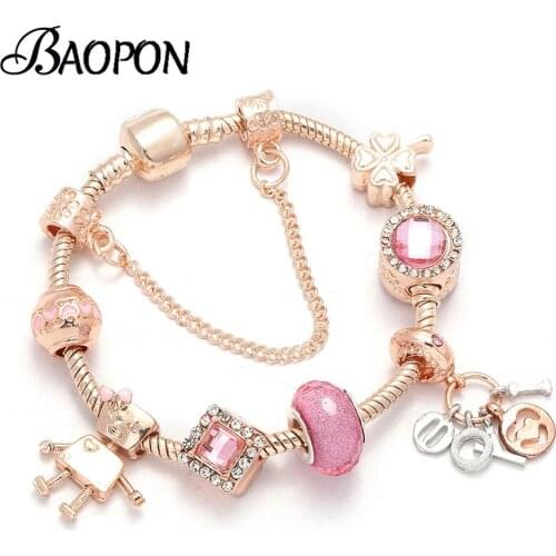 BAOPON New Crystal Charms Bracelets For Women I LOVE YOU Beads Robot Pendant Fit European Fine Bracelets Silver Plated Gift