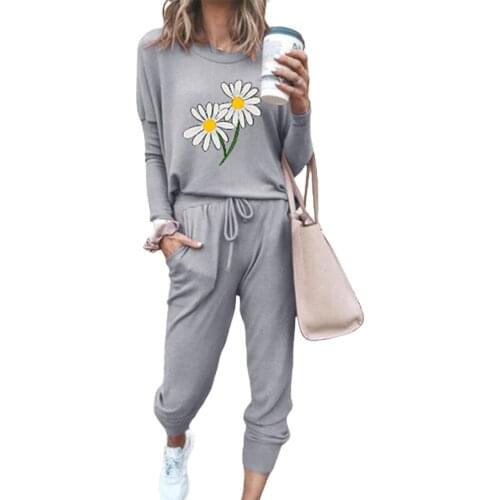 New Fashion Women Ladies Autumn Lace-up Jogger Pants Suit Loose Elastic Home Wear Flower Printed Running Clothes Sets