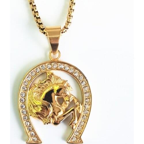 Hip hop Jockey Club Horse Head Pendants Necklaces For Women/Men Gold Color Stainless Steel Horseshoe Iced Out Bling Jewelry