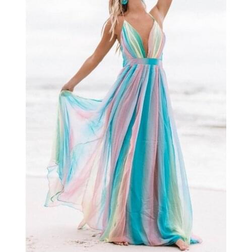 Sexy Backless Deep V Rainbow Mesh Spaghetti Strap Dress Women 2021 Summer Sleeveless Beach Party Long Dress Sundress Vestidos
