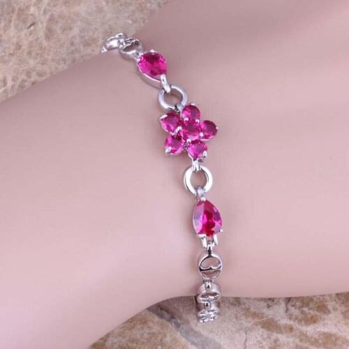 Romantic Red Cubic Zirconia Silver Plated Link Chain Flower Bracelet 6.5 - 7.5 inch S0640
