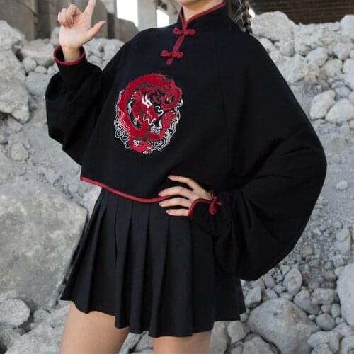Harajuku Chinese Style Embroidery Dragon Sweatshirts Long Sleeve Costume Short Women Pullovers
