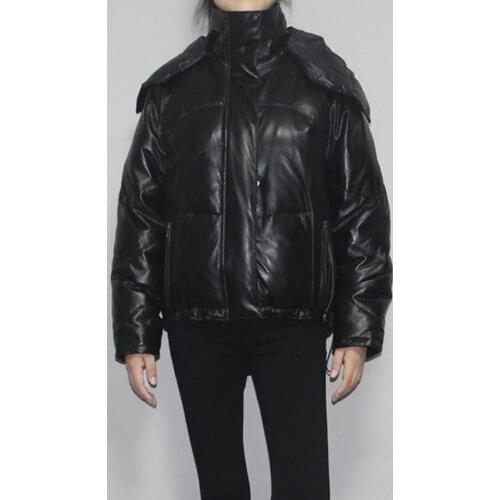 Fit -30℃ Winter Womens Real Leather Down Coat Female Hooded Collar Thicker Warm Down Jacket Waterproof Leather Parkas F2504