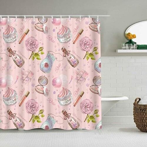 Shower Curtain Christmas Pink Cosmetics Decor Collection Fashion Girl Women Cream Handbag Lipstick,Bath Curtains Cloth Fabric