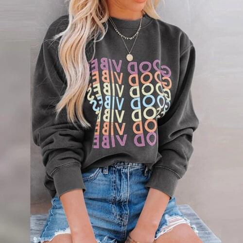 GOOD VIBES Letter Print Women Hoodies Sweatshirt Casual Round Neck Loose Hoodie Top 2021 Autumn Winter Long Sleeve Warm Pullover