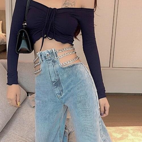 Womens Jeans Streetwear Sexy Elegant Europe Fashion Harajuku Jeans Side Cross Chain Hollow Out Wide-leg Pants High Waist Pants