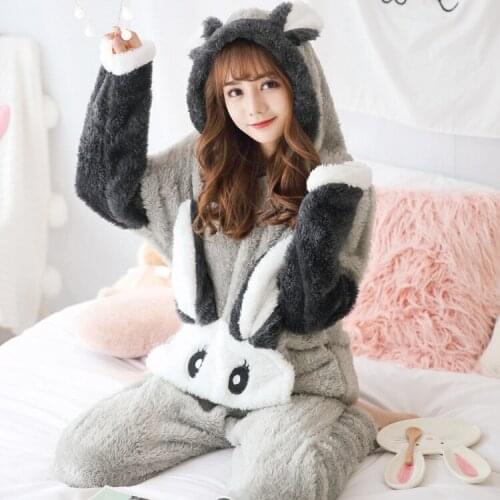 Winter Sleepwear Womens Pajamas Long Velvet Warm Winter Homewear Set Cartoon Flannel Womens Hooded Women Sleepwear Pyjama Set