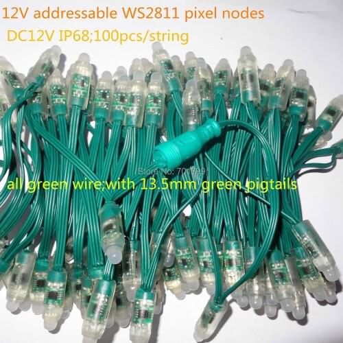 100pcs DC12V addressable 12mm WS2811 led smart pixel node,with all GREEN wire(20AWG),IP68 rated;with 13.5mm pigtail