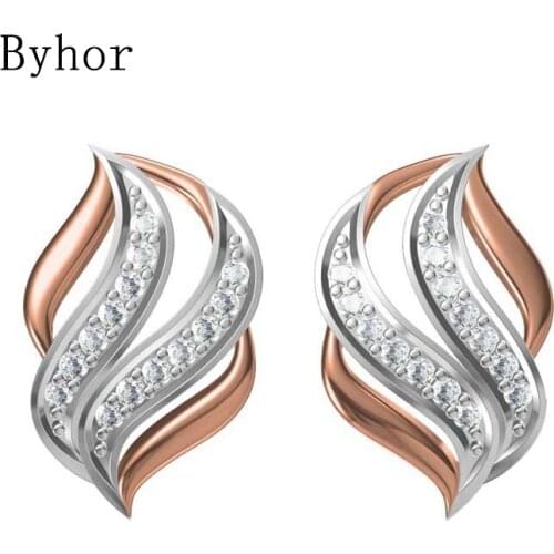 Byhor Solid 14K White/Yellow+White/Rose+White Gold 0.264ct H/SI Natural Diamond Fine Jewelry Wedding Leaf Stud Earrings Cерьги