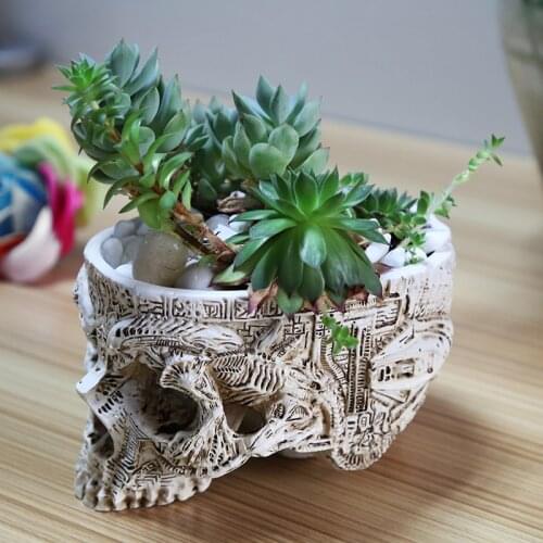 Hand Carved Skull Flower Pot Skull Bone Bowl Home Garden Decor Storage Box Pen Holders