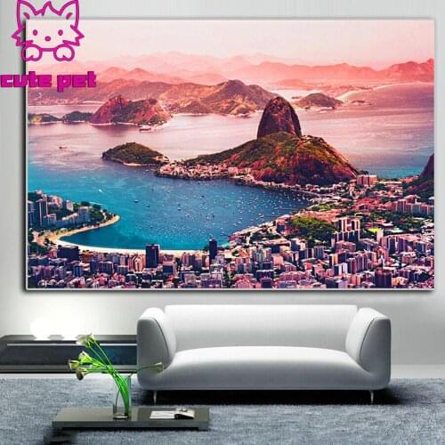Cute pet Full Square Brazil Cityscape Lake Mountain Rio 5D puzzle DIY Diamond Painting Embroidery Cross Stitch Mosaic home decor
