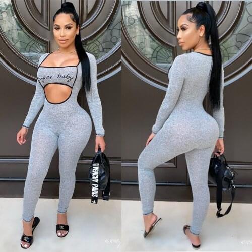 Sexy Hollow Out Bodycon Jumpsuit Long Sleeve Women Skinny Romper Letter Casual Fitness Overalls Sexy Playsuit Female Streetwear