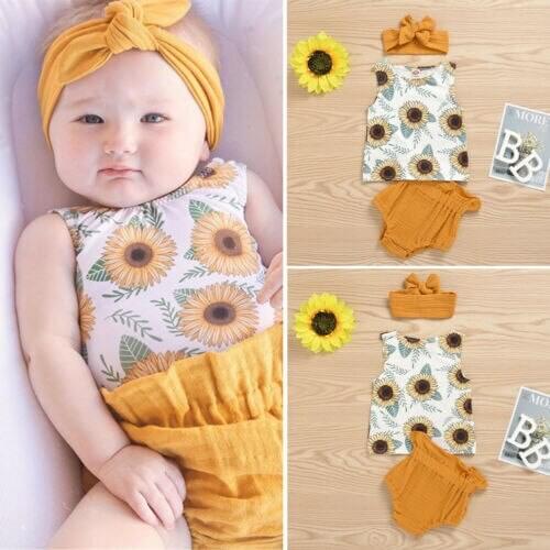 0-24M Summer Infant Kids Baby Girl Costume Sunflower Print Vest Shorts Holiday Outfit Headdress 3Pcs