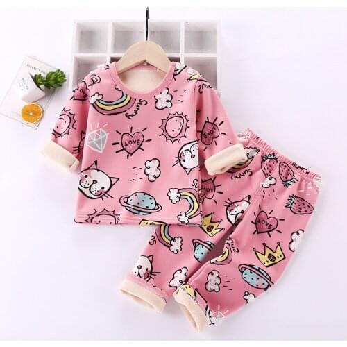 Top selling Kids Girls Cartoon Pajamas Sets Children Boys Warm Pajamas Thicken Sleepwear Velvet Thermal Underwear Top+Pants Set