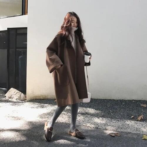 Plus Size 4XL Womens Faux Wool Coat Autumn Solid Loose Turn-Down Collar Big Pocket Mid-Length Jacket Fashion Cardigan Outerwear