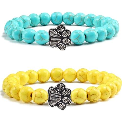Colorful Turquoises Natural Stone Paw Print Charm Beaded Bracelets For Women Men Pet Memorial Couple Jewelry Yoga Bracelet Gifts