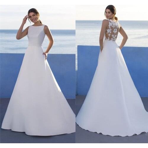 Simple White Scoop A-Line Wedding Dresses Lace Back With Buttons Back Women Bride Dress Satin Bridal Gowns Spring Garden