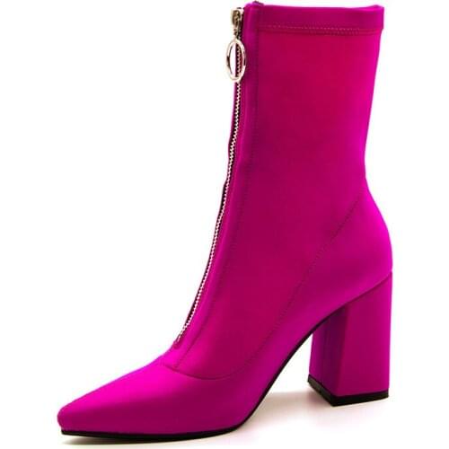 Rosy Red Chunky Heels Sock Booties Zipper Former Pointed Toe Elastic Fabric Shoes Autumn Winter Fashion Short Boots Medium Heels