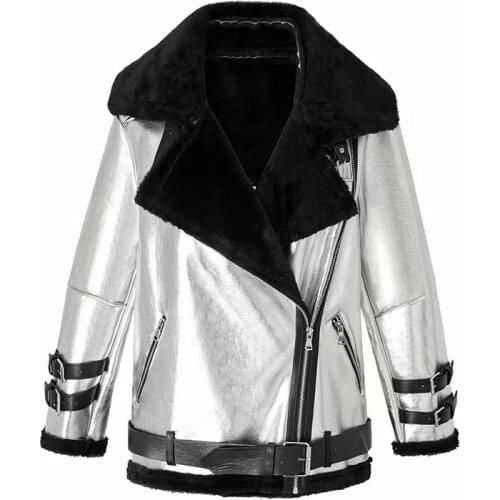 Silver Bright Fleece Coats Women 2019 Winter Thick Warm Faux Fur Jackets Coat Ladies Casual Faux Leather Oversize Fur Liner Coat