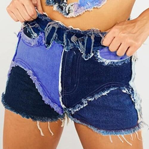 Patchwork Tassel Sexy Denim Shorts Women Mid Waist 2021 Summer Streetwear Pockets Color Block Skinny Jean Shorts