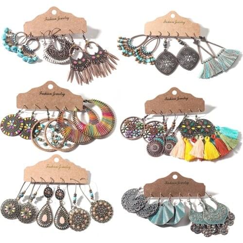 Vintage Elegant Natural Wood Beads Drop Earrings Set For Women Boho Round Hoop Long Tassel Hanging Earring 2020Wholesale Jewelry