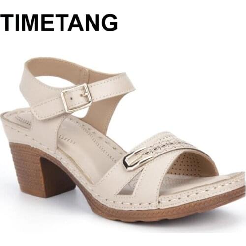 TIMETANG High Heels Retro Ladies Sandals Women Shoes 2021 New Spring Summer Leather High Heels Black Women Sandals