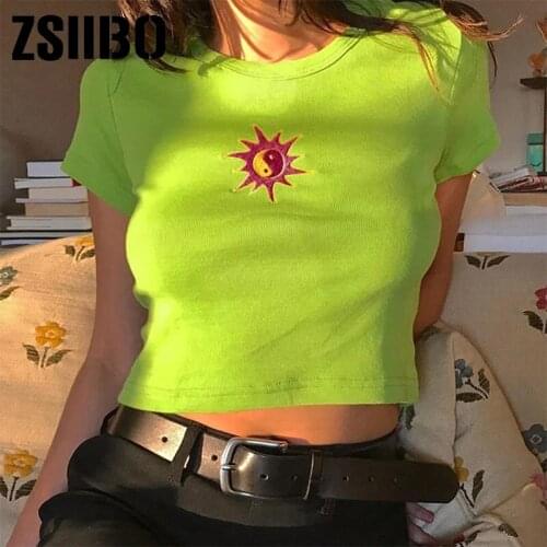 Tops Neon tops for women ropa mujer Streetwear Top accessory Woman tshirts Green Summer T shirt Short Sleeve Sun Embroidery Crop