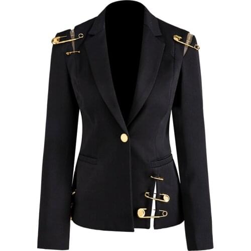 2020 Spring New Blazer Shoulder Mesh Gauze Stitching Pin Decoration Long Sleeved Single Button Slim Black Suit Jacket Women