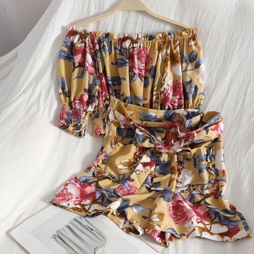 Summer Runway Floral Print Women Short Sleeve Off Shoulder Printing Pullover Crop Top+Lace Up High Waist Shorts 2 Pieces Sets