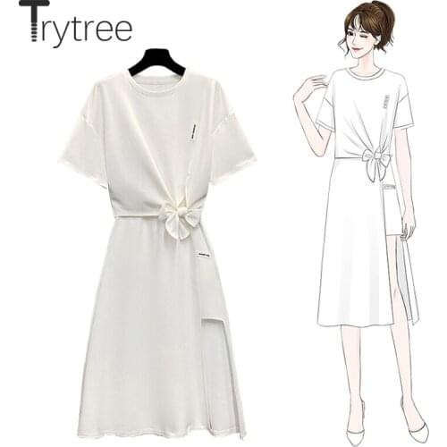 Trytree Summer Women Two Piece Set Casual Cotton Blended O-neck Bow T-shirt + A-line Skirts Elastic Waist Fashion 2 Piece Suit