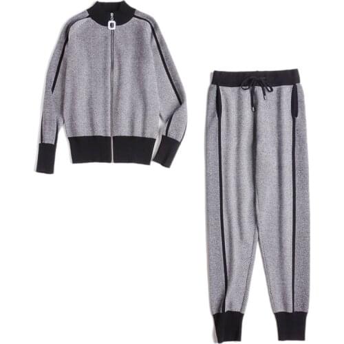 Amolapha Woman Color Patchwork Zipper Knitted Cardigans+Pants 2PCS Sets Casual Long Sleeve Knit Jumper Top Trousers Tracksuits