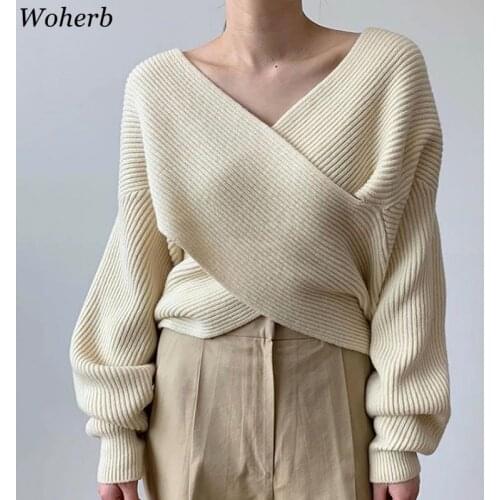 Woherb Autumn Winter Solid Casual Women Knitted Sweater Lady V-neck Criss-cross Pollovers Female Korean Chic Long Sleeve Jumper