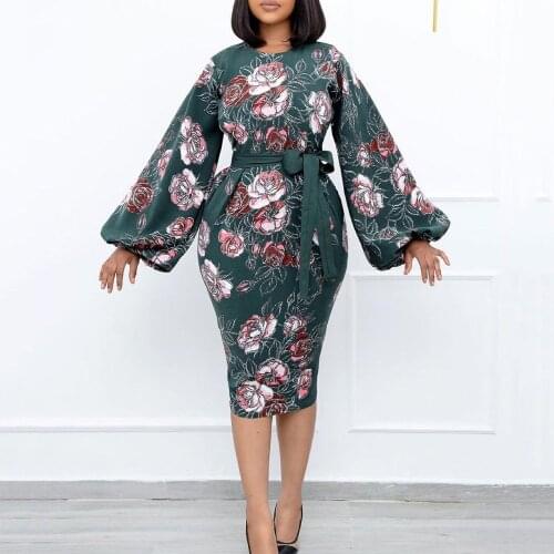 Office Dresses for Ladies 2021 Formal Classy Floral Print Full Sleeve High Waisted Mid Calf Elegant Business Work Cloth Dress ol